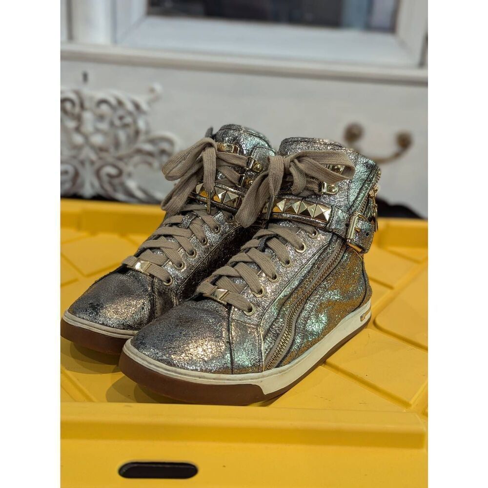 Michael Michael Kors Glam Studded Gold Crackle High-Top Sneakers 9.5 Festival